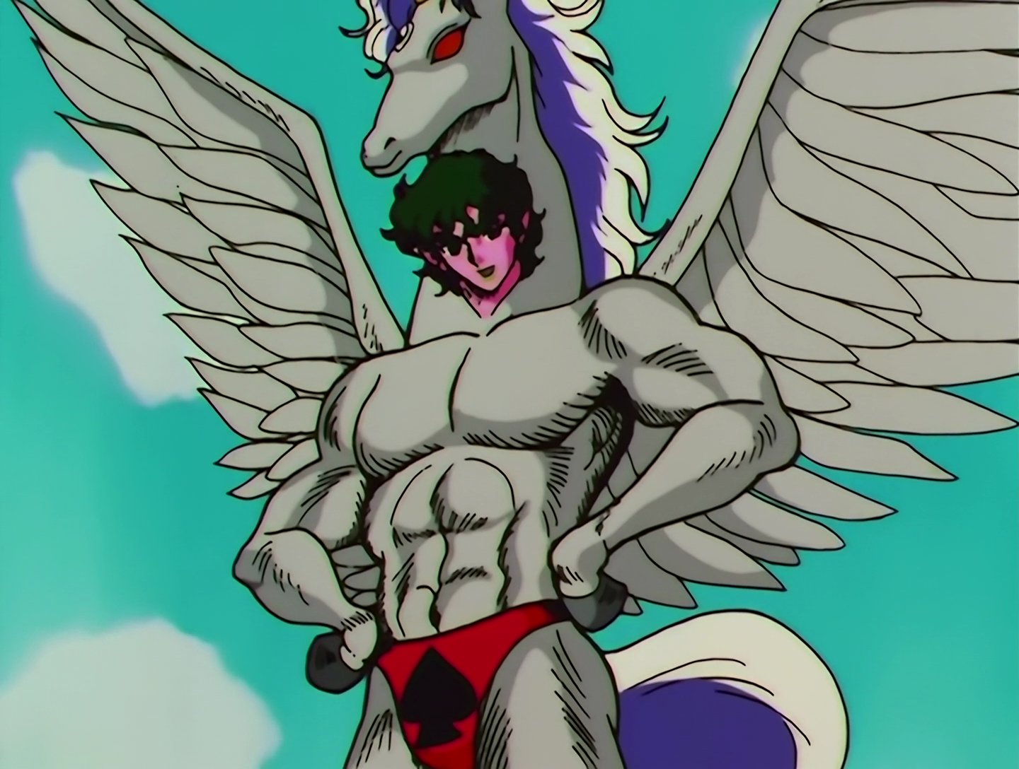 Mawashitarou, a Lemures from Sailor Moon episode 143. He has pink skin and black hair, and he’s wearing a very buff gray pegasus costume. The pegasus is bipedal, with hooves for hands and red trunks with a spade symbol on. Mawashitarou’s head is sticking out of the pegasus’ neck.